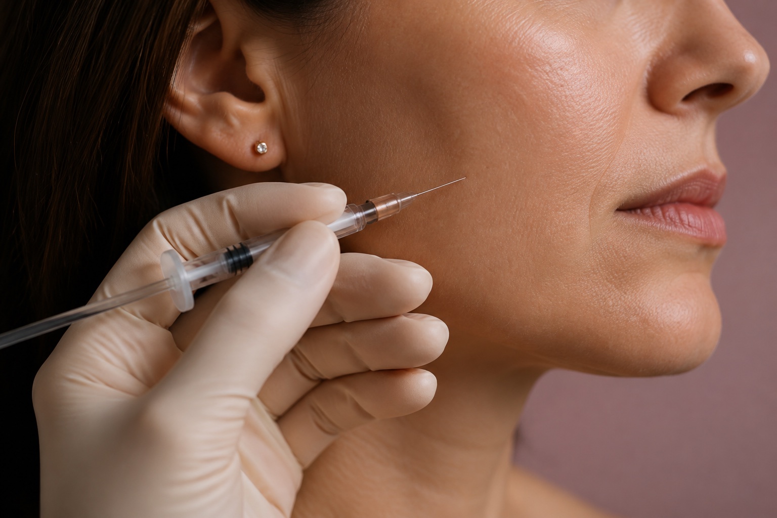 Close de um procedimento facial injetável realizado com precisão
