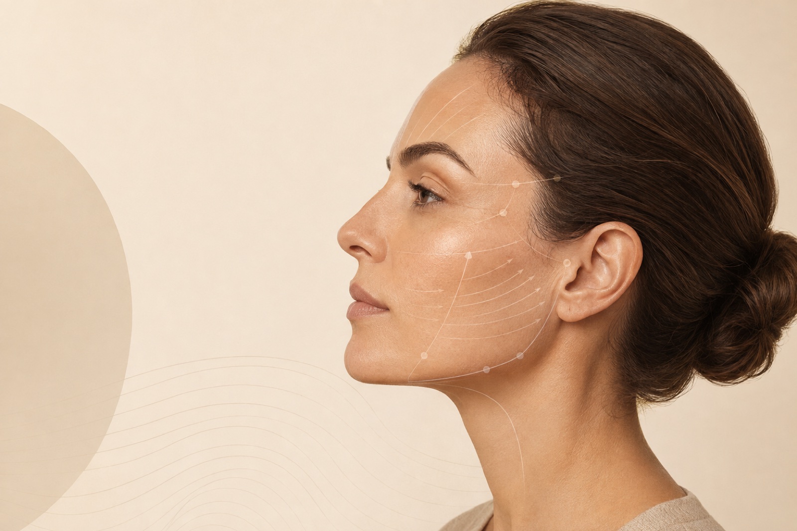 Ilustração anatômica de perfil facial usada para explicar o planejamento de injetáveis
